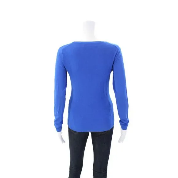 Diane Von Furstenberg Womens Ribbed Back Scoop Neck Long Sleeve Top Blue Small - Picture 3 of 5